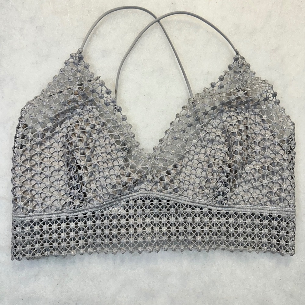 Free People Adella Bralette Womens Medium Silver Grey Crochet Lace Boho Festival